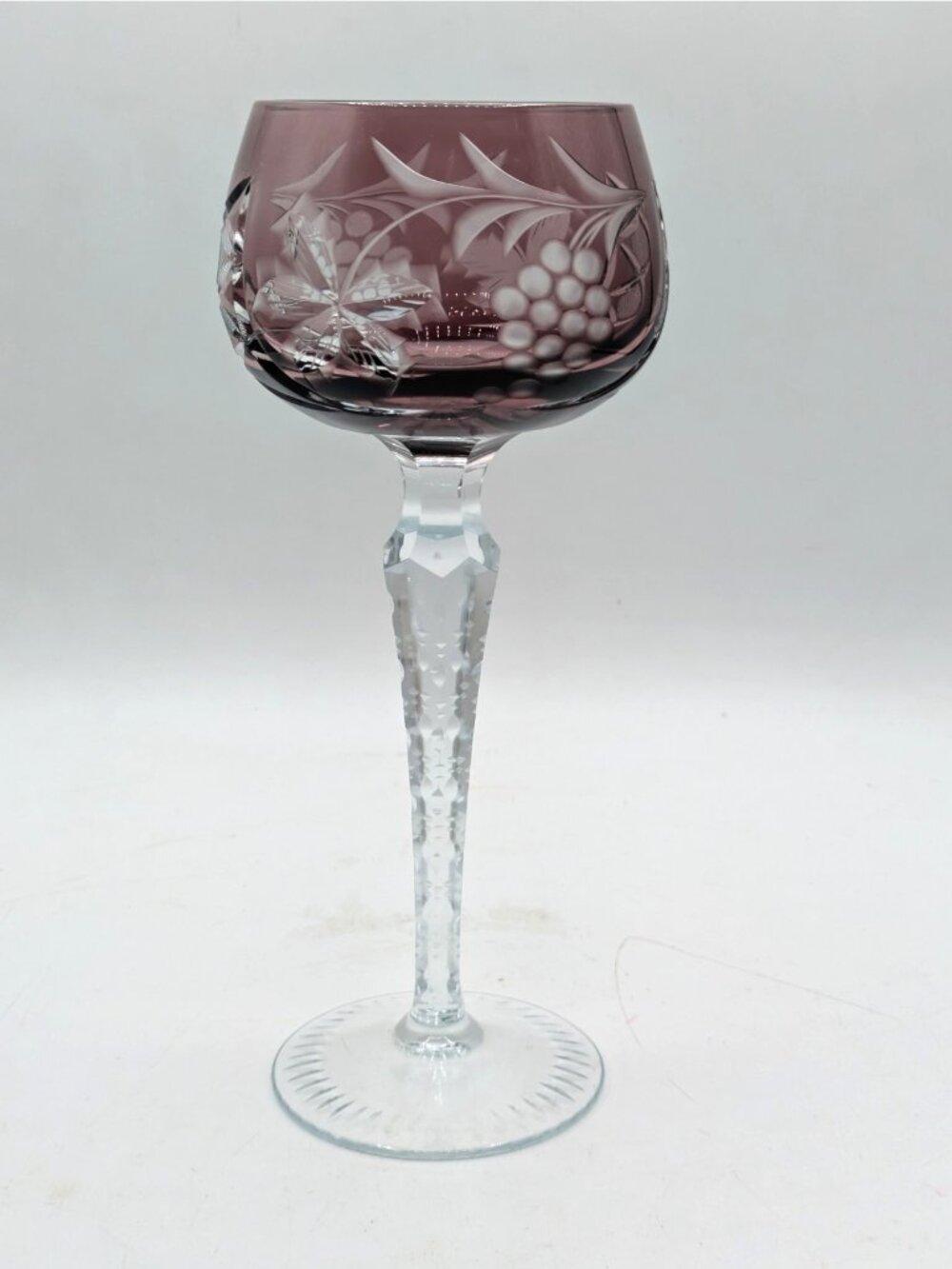 Lausitzer Amethyst Cut to Clear Crystal Glass Wine Hock Continuous Cut Foot 6 oz